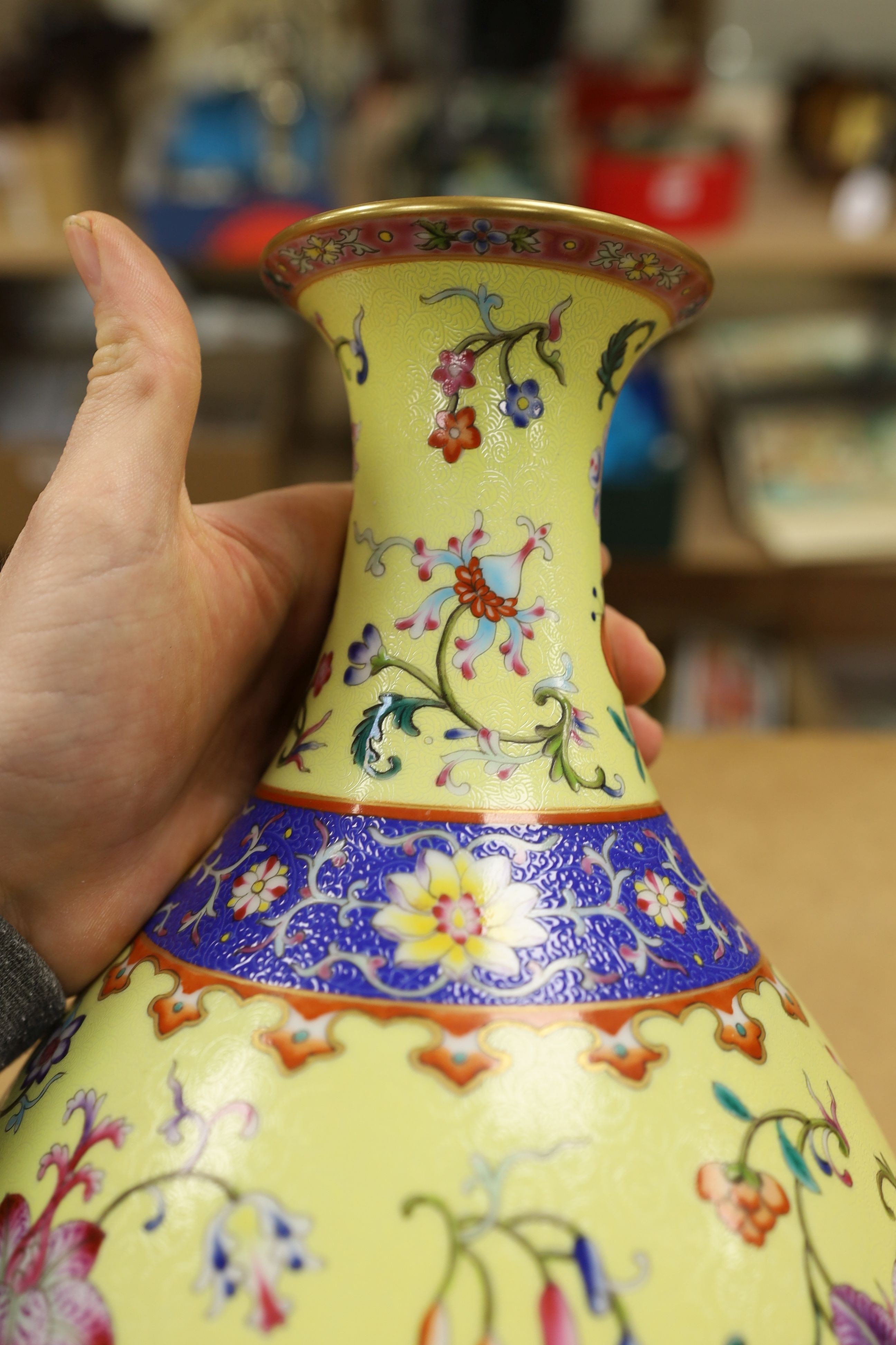 A Chinese yellow-ground porcelain pear-shaped vase, 34cm
